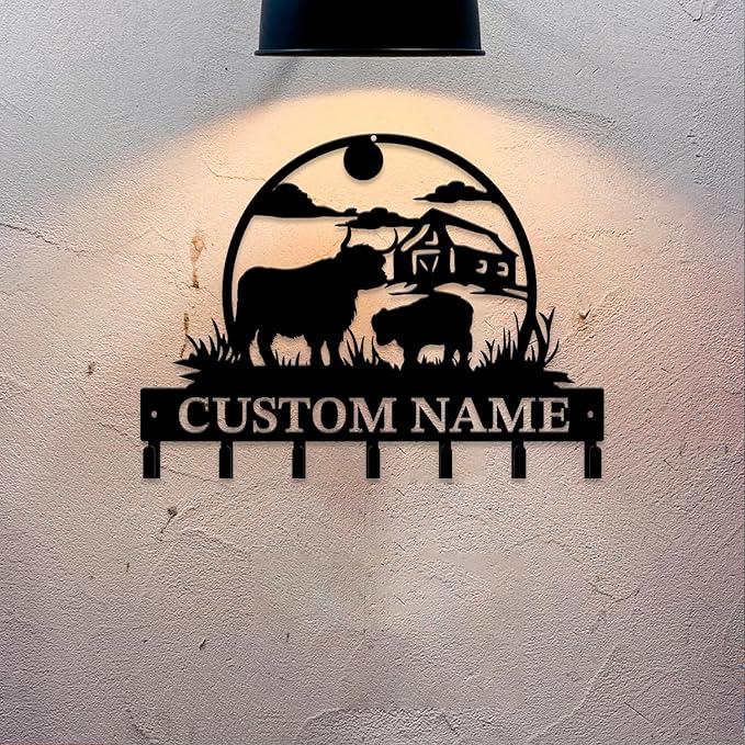 Personalized Highland Cow Metal Keys Hooks,Custom Name Metal Highland Cow Keys Hooks,Black Metal Highland Cow Wall Home Storage Decorative Keys Hooks,Key Holder Hooks for Wall (Style J)