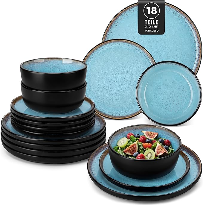 vancasso Plates and Bowls Sets, 18 Pieces Stoneware Dinnerware Sets for 6, Kitchen Dish Set Mircowave and Dishwasher Safe Ceramic Dishware, Blue, Series AMBER