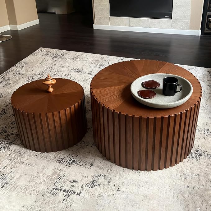 Round Nesting Coffee Table Set of 2, Round Fluted Coffee Tables for Living Room Modern Nesting End Side Tables for Small Spaces (D Brown)