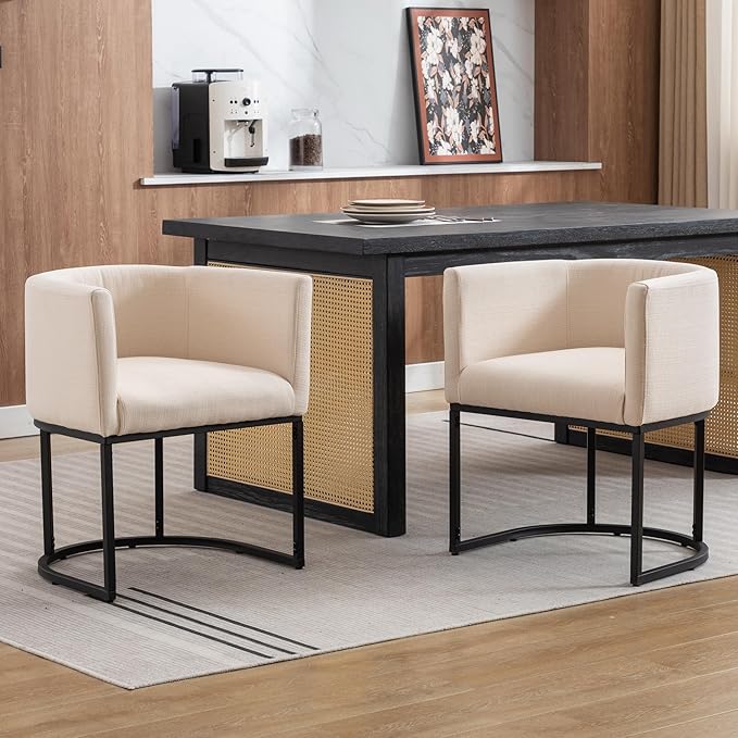 Linen Fabric Dining Chairs Set of 3 Modern Barrel Arm Chairs with Black Frame Upholstered Kitchen Chairs 18.5" Wide Accent Chairs for Living Room Dining Room Restaurant, Cream