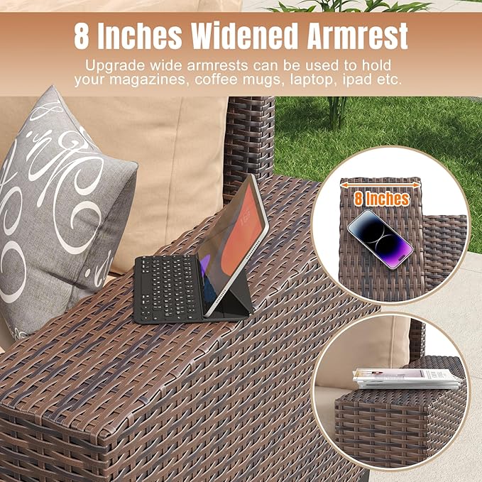 Aoxun 6 Pieces Patio Furniture Set Wicker Rattan Outdoor Sectional Conversation Set with Coffee Table and 4” Thickened Cushions, Beige (Waterproof Cover Included)