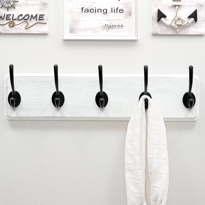 Dseap Coat Rack Wall: Patented, Heavy-Duty, 17.4" Long 5-Double-Hooks Wooden Wall Mounted Coat Rack Coat Hanger Hook Rail for Winter Coats Hat Jacket Clothing, White & Black