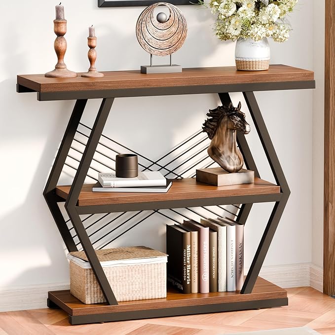 39.4" Entryway Table, Industrial 3-Tier Console Sofa Table with Open Wood Shelves, Wood Accent Table with Stable Metal Frame for Small Spaces, Entrance, Hallway, Foyer, Rustic Brown