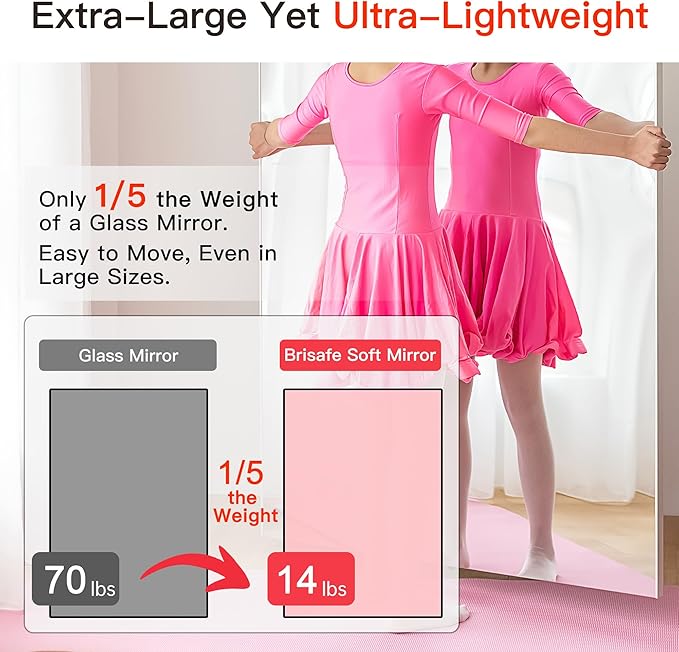brisafe 360-Degree Folding Full-Length Mirror - 71"x47" Oversized Anti-Shatter Nano Film Mirror, Space-Saving Foldable Design for Home Gym/Yoga Studio,White, 60% Commercial Insurance Discount