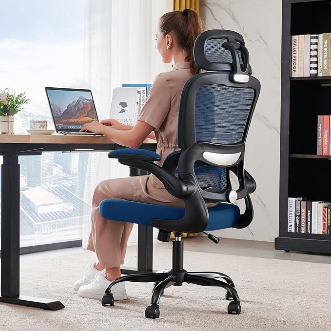 TRALT Office Chair Ergonomic Desk Chair, 330 LBS Home Mesh Office Desk Chairs with Wheels, Comfortable Gaming Chair, High Back Office Chair for Long Hours (Black+Blue)