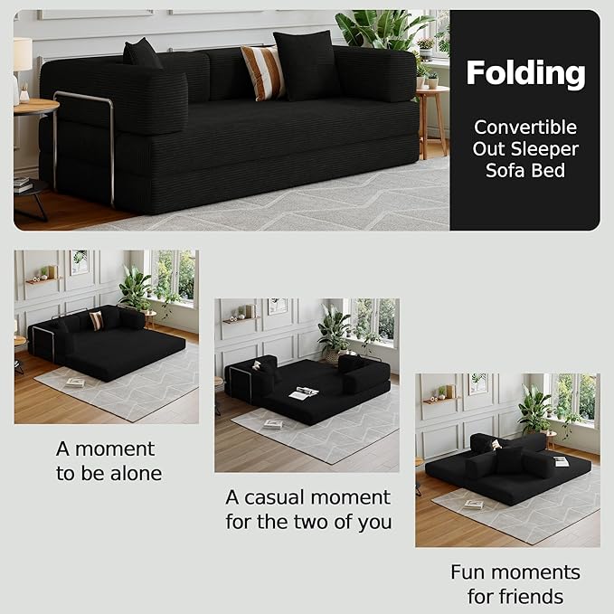 Compressed Sleeper sofa bed,Convertible Floor Boneless Couch-With Comfy Pillow,Modular Modern Corduroy Sofa for living room Bedroom Lounge Studio-With Fixed-shape Frame and support Armrest(Black)