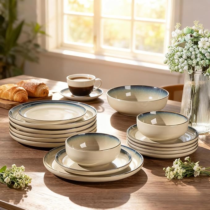 GBHOME Ceramic Dinnerware Sets for 4, 12 Pieces Stoneware Plates and Bowls Sets, Scratch Resistant Dishes, Dishwasher & Microwave Safe, Reactive Glaze-Gravel