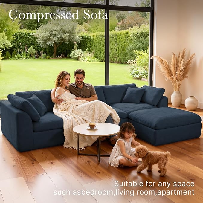 Cloud Modular Sectional Sofa Couch,110” L Sofa with Wide Armrest, Modern High-Density Sponge Compressed Sofa Couch for Living Room, Bedroom,No Assembly Needed (Blue, 3 Seats+1 Ottoman)