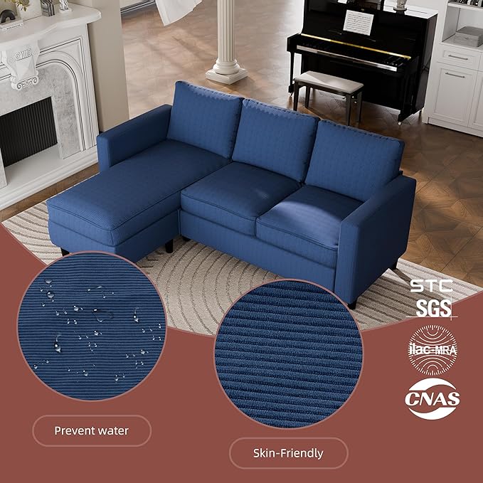 JAMFLY Sectional Sofa Couch Convertible L Shaped Sofas with Ottoman Small Sectional Couches for Living Room, 3 Seater Couch for Small Spaces, Blue