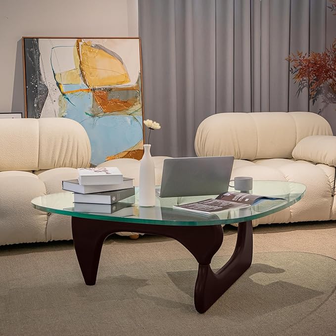 Triangle Glass Coffee Table with Solid Wood Base, 0.8'' Thick Clear Glass Top, 51'' Width Mid Century Modern Coffee Table for Living Room Bedroom Reception (Dark Walnut)