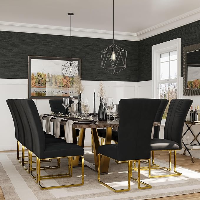 AUZ Dining Chairs Set of 8, Black Velvet Dining Chairs with Polished Gold Sled Legs, Modern Upholstered High Back Chairs for Kitchen and Dining Room