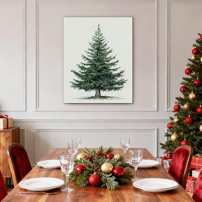 Framed Christmas Pictures Wall Decor,Vintage Pine Tree Prints,Winter Christmas Canvas Wall Art Decoration for Bedroom Bathroom Living Room Rustic Xmas Holiday Gifts (Christmas Tree 5, 12'' X 16'')