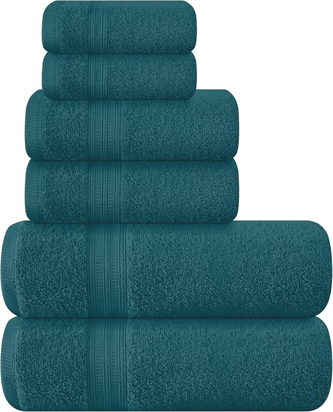 BOUTIQUO 6 Pack Cotton Towel Set, Contains 2 Bath Towels 27x54 inch, 2 Hand Towels 16x24 inch & 2 Wash Coths 12x12 inch, Ideal Everyday use, Ultra Soft Compact & Lightweight - Teal