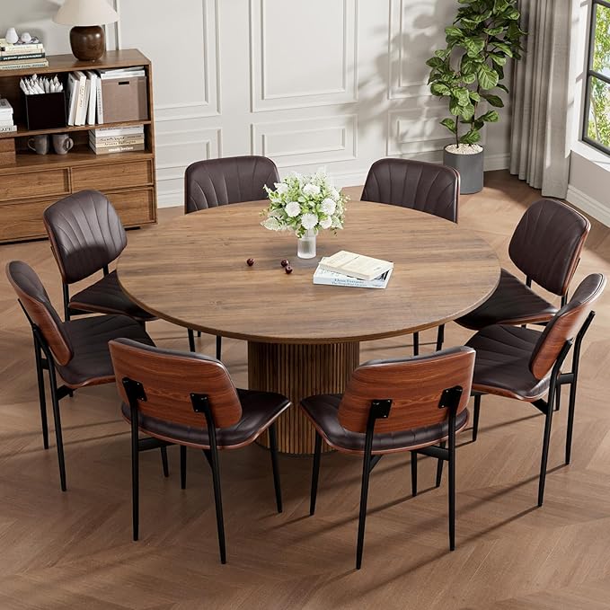 Dining Chairs Set of 6, Mid-Century Modern Upholstered PU Leather Chairs with Walnut Bentwood Back and Metal Legs Adjustable Feet for Kitchen Dining Room, Dark Brown Shell Strips