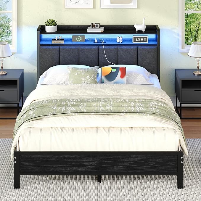Full Size Bed Frame with LED Lights and Charging Station, Metal Platform Bed Frame Full with Upholstered Storage Headboard, Heavy Duty Metal Slats, No Box Spring Needed, Easy Assembly, Dark Grey