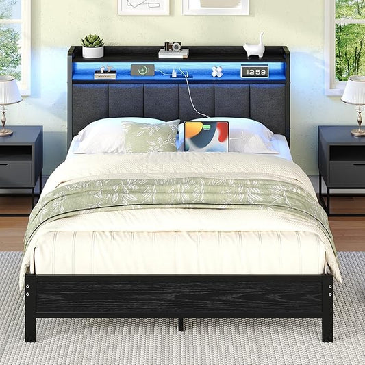 Full Size Bed Frame with LED Lights and Charging Station, Metal Platform Bed Frame Full with Upholstered Storage Headboard, Heavy Duty Metal Slats, No Box Spring Needed, Easy Assembly, Dark Grey