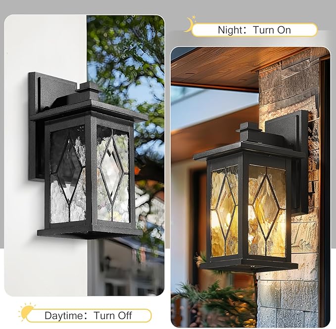 Emliviar 2-Pack Outside Light Fixtures, 12 Inch Exterior Lights for House, Black Finish with Water Grain Glass, 1803EW1-2PK-SD BK
