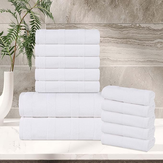 Superior Roma Cotton 12 Piece Assorted Towel Set, Highly Absorbent, Ribbed, Quick-Dry, Shower, Spa Basics, Home Essentials, Solid, Includes; 2 Bath Towels, 5 Hand Towels, 5 Face Towels, White