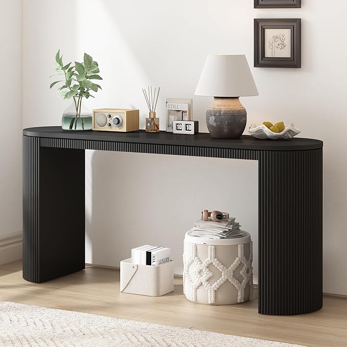 58.2-Inch Console Table with Dual Drawers, Pine Veneer, Natural Wood Grain, Striped Design, Arched Legs, Adjustable Feet for Living Room, Hallway, Foyer