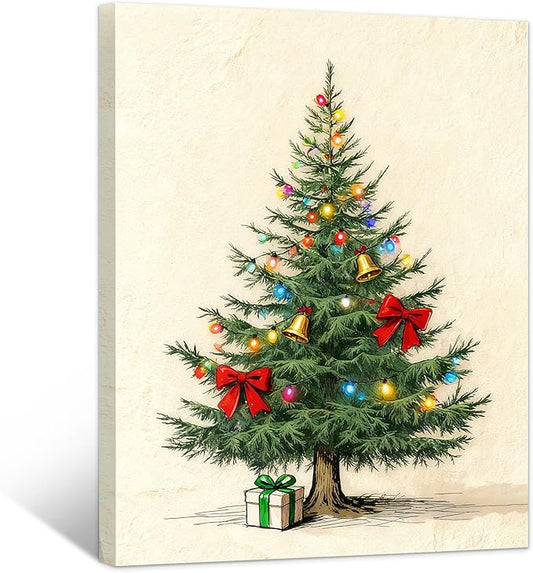 Framed Christmas Pictures Wall Decor,Vintage Pine Tree Prints,Winter Christmas Canvas Wall Art Decoration for Bedroom Bathroom Living Room Rustic Xmas Holiday Gifts (Christmas Tree 9, 12'' X 16'')