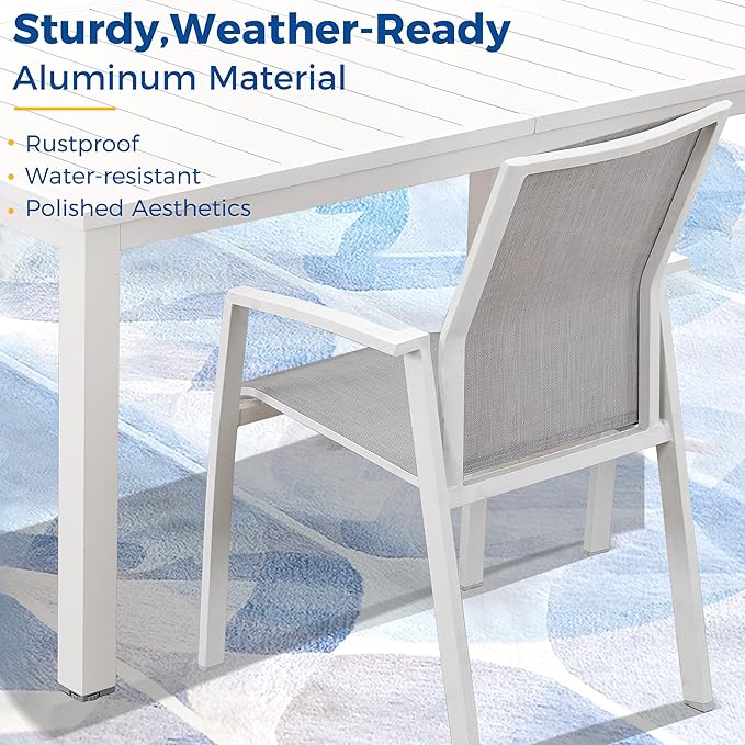 9 Piece Aluminum Outdoor Patio Dining Sets with Fully Assembled Dining Chair，91.3"L×39.4"W Expandable Patio Table and Chairs Set for 8, Stackable Chairs with Quick Drying Fabric, White