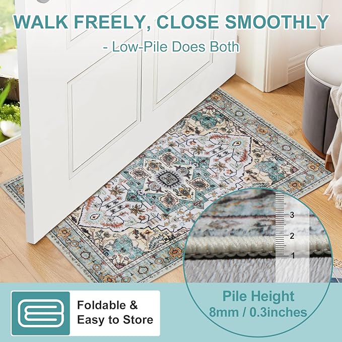 WILLSUN Washable Area Rugs, 4x6 Non-Slip Boho Large Area Rugs for Living Room, Bedroom, Machine Washable Vintage Rug, Indoor Floral Print Carpet for Home Decor, Kid & Pet Friendly Mat