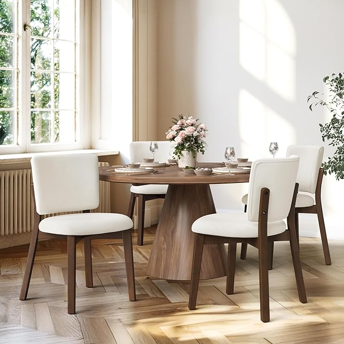 LUE BONA Wooden Dining Chairs Set of 4, Comfortable Wide Back Kitchen Side Chairs, Strong Thick Legs for Modern Farmhouse Dining Room, Beige Upholstered and Dark Brown Leg