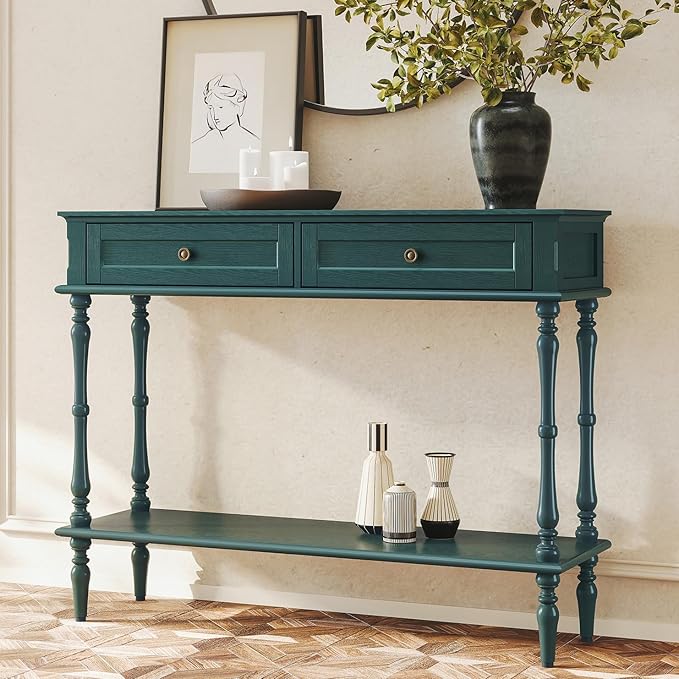 ARTPOWER Console Table for Entryway with 2 Drawers-Minimal Assembly,Green Retro Entryway Table with Storage Cabinets and Open Shelf,Narrow Long Couch Table Behind Sofa for Living Room,Foyer,Hallway