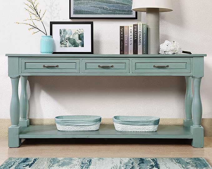 LKTART Solid Wood Console Table for Entryway,Long Sofa Table with 3 Drawers for Hallway,Foyer,Entry,Easy Assembled (63" Retro Green)