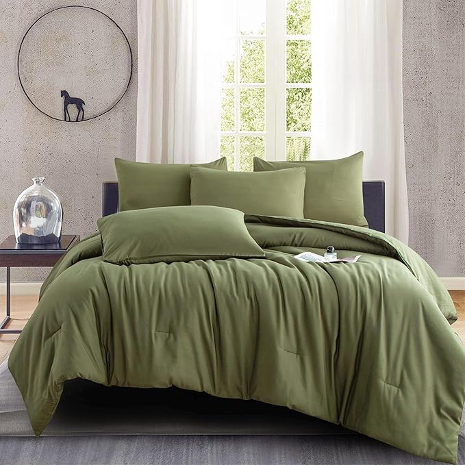 Green Full Comforter Set - 3 Pieces Army Green Bedding Comforter Set - Soft, Lightweight, Warm & Fluffy - 1 Comforter, 2 Pillowcases