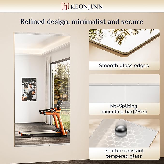 Keonjinn Home Gym Mirror, 60" x 24" - 2PCS Workout Mirrors for Home Gym, Frameless Tempered Glass, Full Body Wall Mirrors for Fitness Exercise, Yoga Room, Dance Studio, Bedroom, Garage