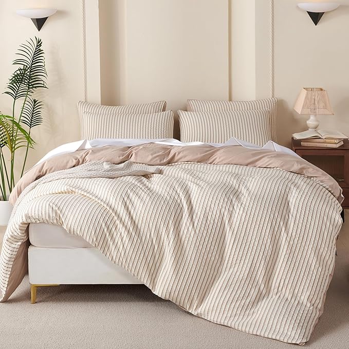 King Comforter Set Striped Beige 100% Soft Washed Microfiber Jacquard 3 Pieces King Striped Bedding Sets Beige White Comforter for All Seasons and 2 Pillowcases Comfort Breathable