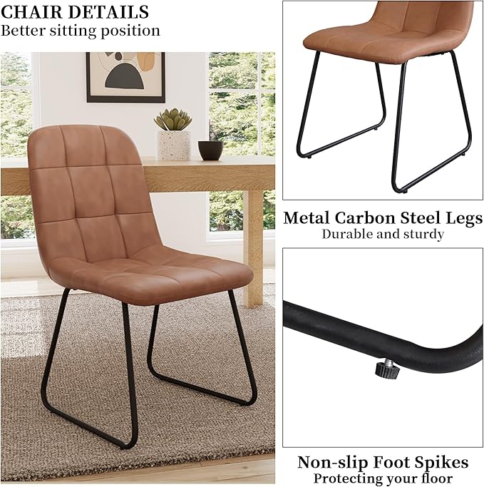 Faux Leather Dining Chairs Set of 4, Modern Upholstered Kitchen Chairs with Curved Backrest and Metal Legs, PU Leather Dining Room Chairs for Kitchen Living Dining Room Set of 4 Brown