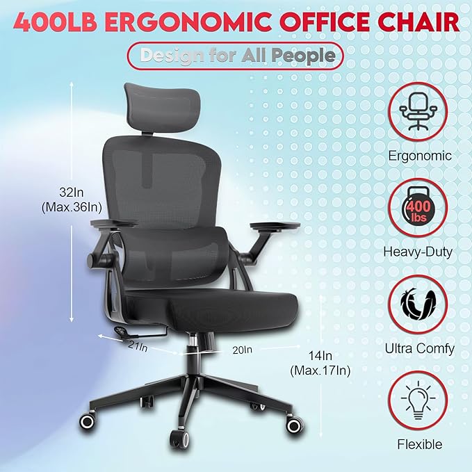Ergonomic Office Chair - 400LB Comfy Desk Chairs with Adjustable Headrest and Lumbar Back Support, Mesh Computer Chairs with Wheels and Arms for Home Office, Study, Bedroom and Dorm (01black)