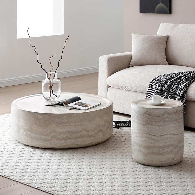 Small Round Coffee Table 15.74" Marble Pattern Drum Shaped End Fiberglass Cocktail Side Table for Living Room Bedroom Office