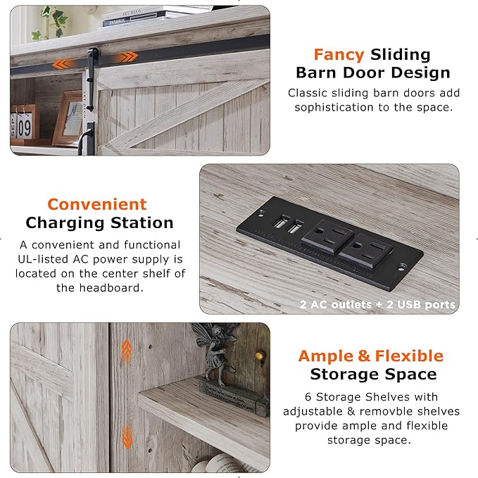 T4TREAM Farmhouse King Size Bed Frame w/Storage Bookcase Headboard, Sliding Barn Door, Charging Station, Rustic Wood Platform Bed w/Wood Slats Support, No Box Spring Needed, Antique Brush White