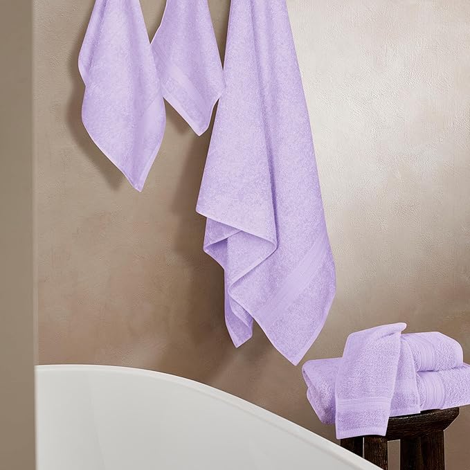 BOUTIQUO 6 Pack Cotton Towel Set, Contains 2 Bath Towels 27x54 inch, 2 Hand Towels 16x24 inch & 2 Wash Coths 12x12 inch, Ideal Everyday use, Ultra Soft Compact & Lightweight - Purple