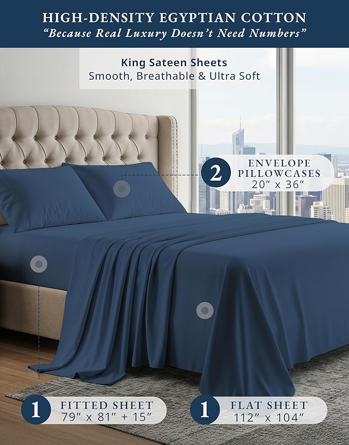 Lane Linen 100% Egyptian Cotton Sheets King Size - Naturally Breathable & Durable Winter Comfort King Bed Sheets, Ultra-Soft Hotel Luxury Comfort with 15" Deep Pocket, Silky Sateen Weave - Estate Blue