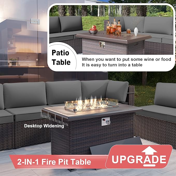 Kurapika 13 Pieces Patio Furniture Set, Rattan Wicker Outdoor Conversation Sets w/43in Propane Fire Pit Table(Grey)