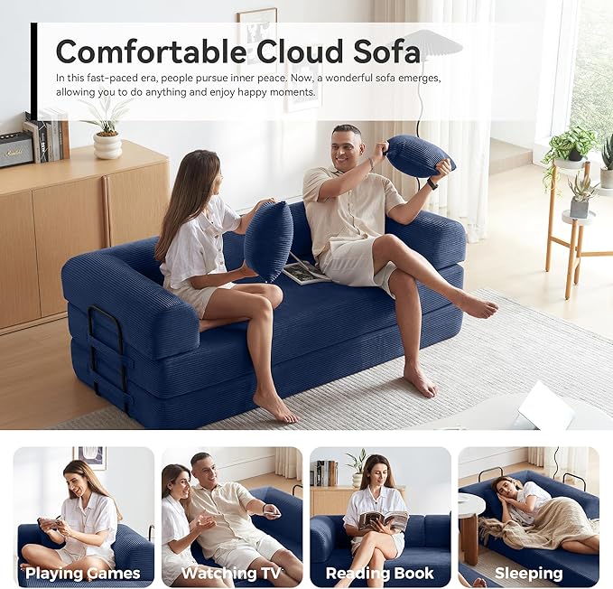 Convertible Sofa Bed with Cylindrical Pillow,Comfy Floor Sofa Bed Compressed Sofa in Box, Convertible Sofa Bed for Living Room Bedroom Lounge Studio, Comfy High Density Foam Mattress(Navy Blue)