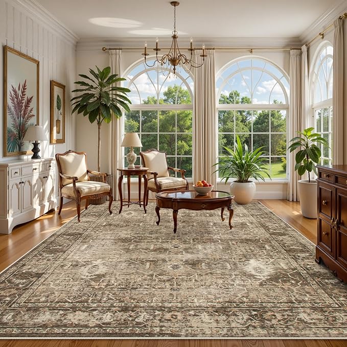 Lahome Vintage 9x12 Washable Brown Rugs for Living Room Bedroom, Boho Dining Room Rugs for Under Table, Soft Non Slip Indoor Throw Carpet for Home Office Playroom (9x12ft,Brown)