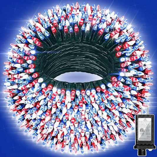 350LED 90FT Christmas Lights Indoor Outdoor, 12 Modes Red Blue and White Outdoor String Lights with Timer & Dimmable, Green Wire Christmas String Lights for Xmas Patio Yard Fence Bedroom Garden Decor
