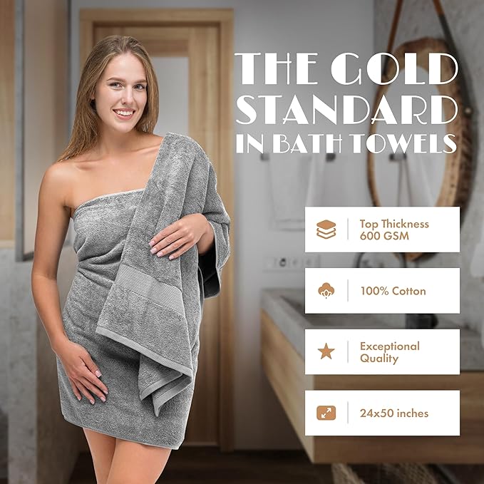 Wealuxe Light Gray Bath Towels 24x50 Inch, Cotton Towel Set for Bathroom, Hotel, Gym, Spa, Soft Extra Absorbent Quick Dry 6 Pack