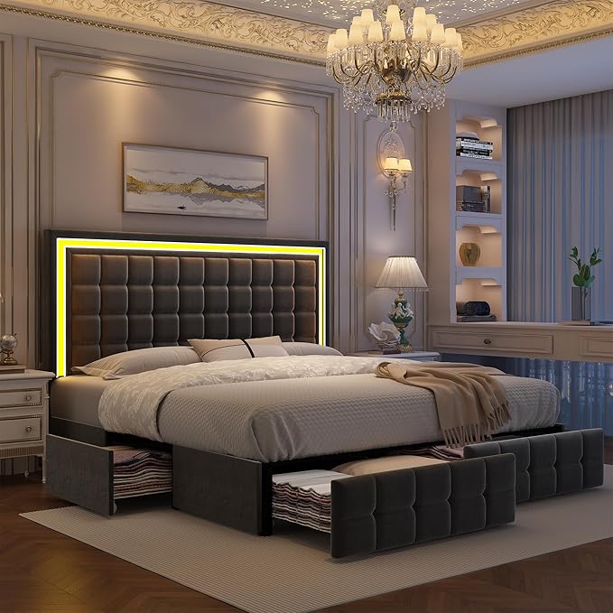 Queen Led Bed Frame with 4 Storage Drawers, Bed Frame with Led Lights No Box Spring Needed, 900 lbs Capacity, Easy Assembly, Sturdy Design, Velvet Grey
