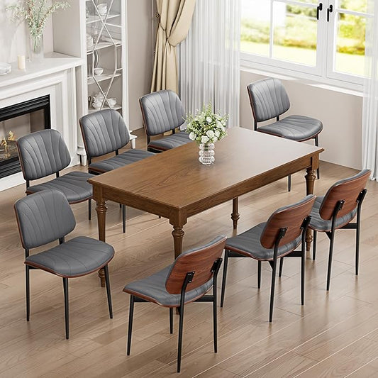 Dining Chairs Set of 8, Dining Room and Kitchen Chairs, Mid Century Modern Accent Chair, Upholstered PU Leather Chairs for Vanity with Walnut Bentwood and Metal Legs, Gray