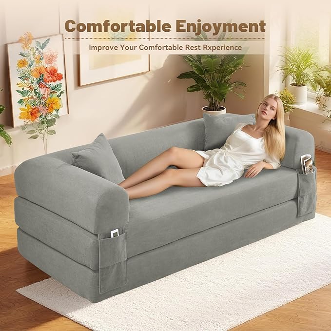 Convertible Folding Sofa Bed,80" Pull Out Couch with Pillows & Storage Pocket,Modular Futon Bed Corduroy Queen Sleeper Sofa in a Box,Compression Boneless Couch for Living Room,Light Gray