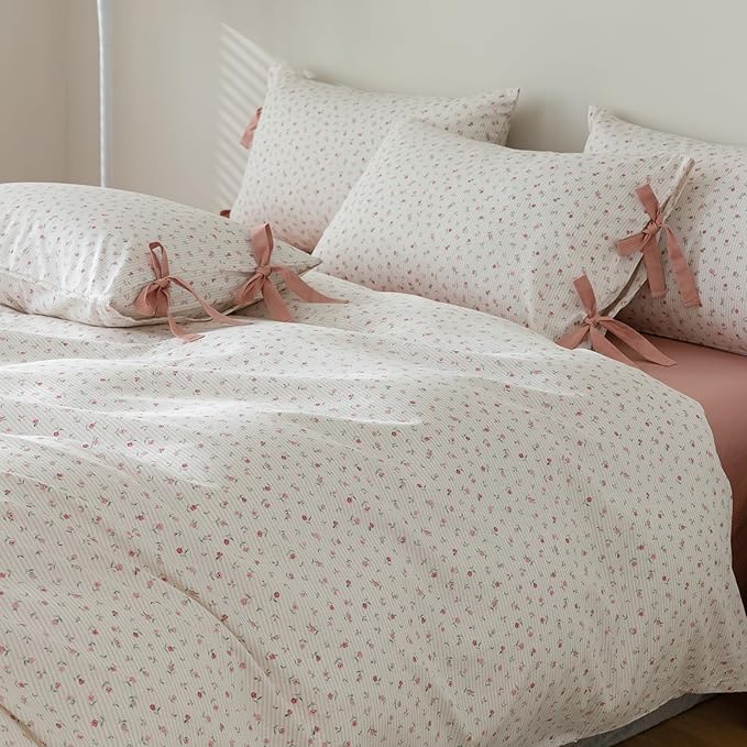 Rose Flower Duvet Cover King Garden Style Vintage Floral Bedding Set Chic Botanical Flower Comforter Cover with 2 Bow Ties Pillowcases 100% Cotton Pink Stripes Comforter Cover Cottagecore Bedding Set