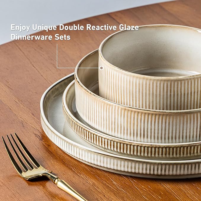 GBHOME Stoneware Dinnerware Sets for 8,Round Reactive Glaze Ceramic Plates and Bowls Set,Highly Scratch Resistant| Dishwasher & Microwave Safe Dishes Set,Service for 8(24pc)，Cappuccino