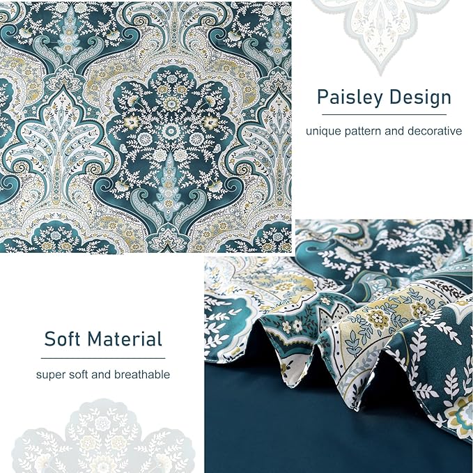 Drucon Boho Comforter Set Queen Size, 7 Pieces Bed in a Bag Paisley Comforter, Soft Lightweight Microfiber Bedding Set (1 Comforter, 1 Flat Sheet, 1 Fitted Sheet, 2 Pillow Shams, 2 Pillowcases)