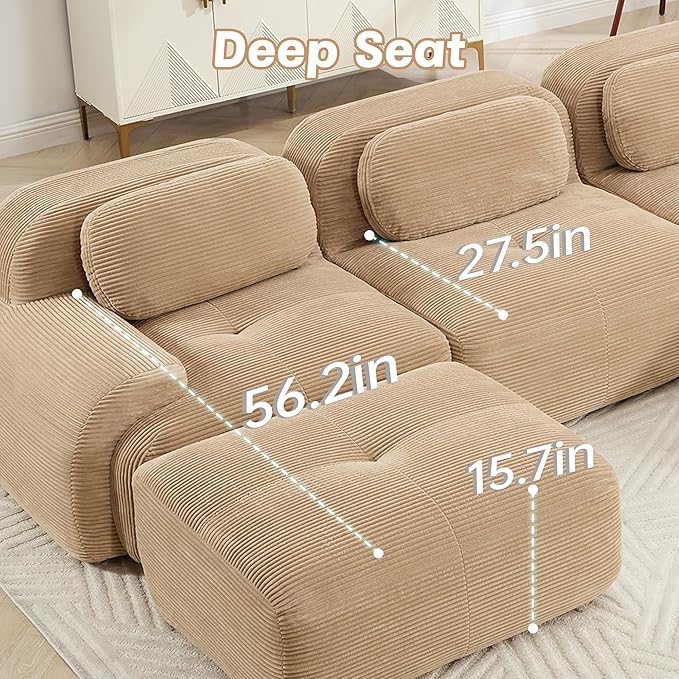 116" Modern Corduroy Cloud Sofa with Ottoman, U Shaped Boneless Modular Large Sectional Couches for Living Room, Camel 3 Seater Compressed Memory Foam Couch, Extra Deep Seat, No Assembly